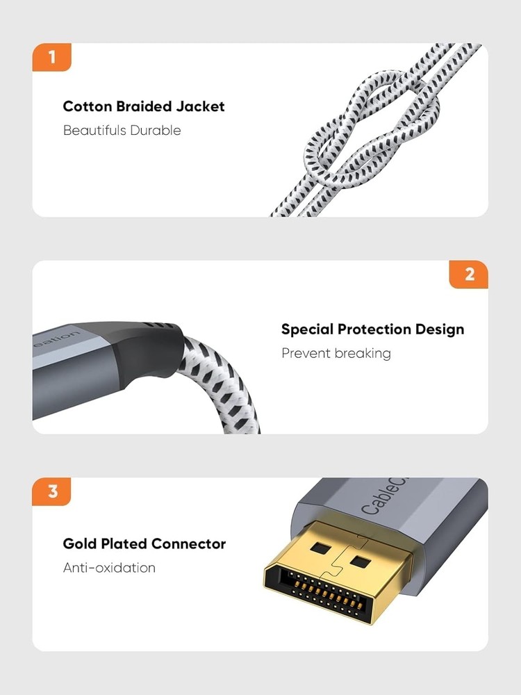 Versatile 8K DisplayPort Cable 3FT - Supports Gaming, PCs, Tablets, and More