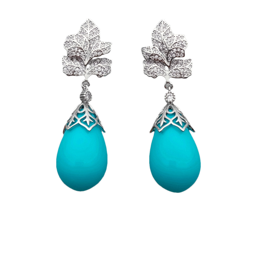 Blue Sea Shell Pearl Teardrop Dangle Cz Pave Stud Earrings