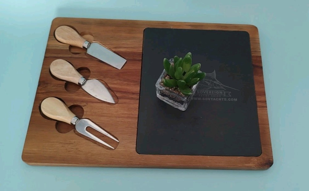 WoodSlate Rectangle Acacia  Cheese Set Good Condition Easy Clean 3 Tools