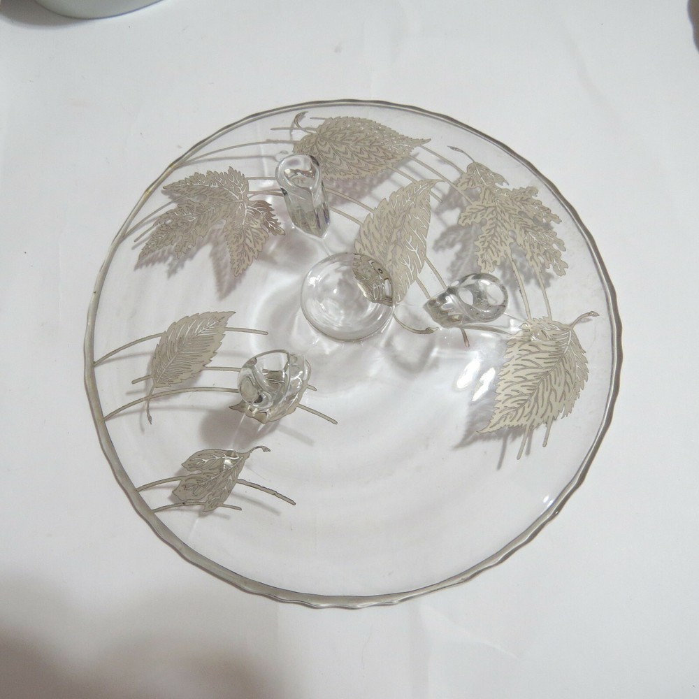 Rhodium Silver Plated Glass Candy Dish Leaf Pattern 7.5