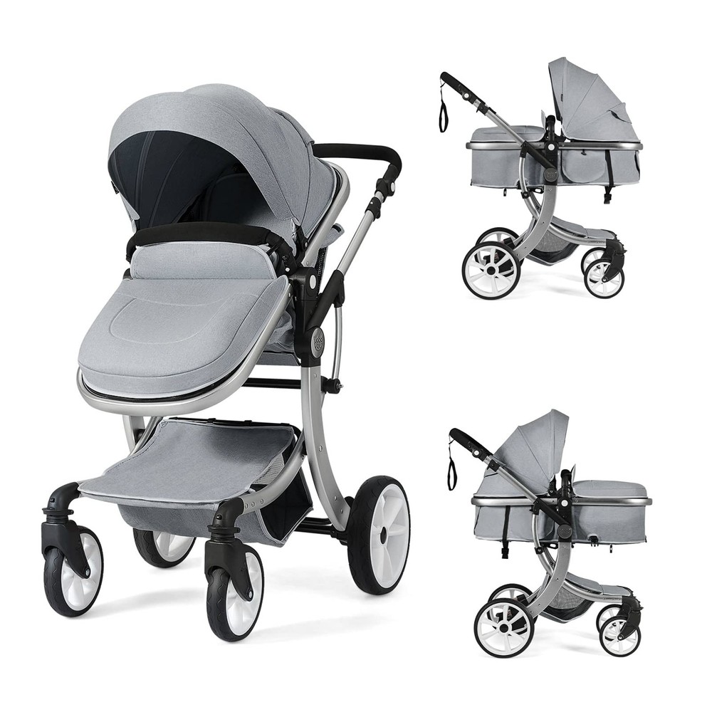 Convertible Baby Stroller with Adjustable Canopy & Storage - Gray