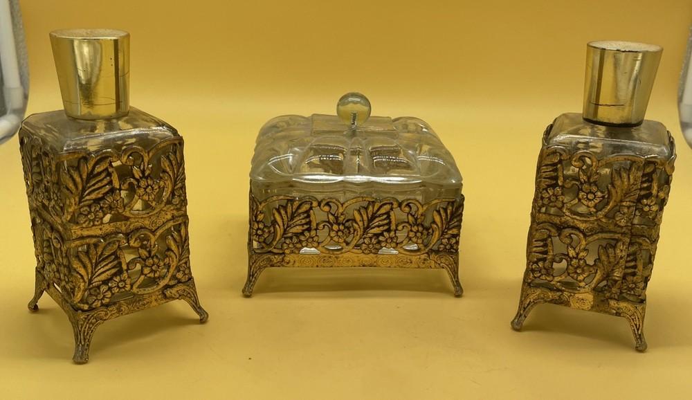 Vintage Regency Styled Vanity Set Trinket Box/2 Cologne Bottles!