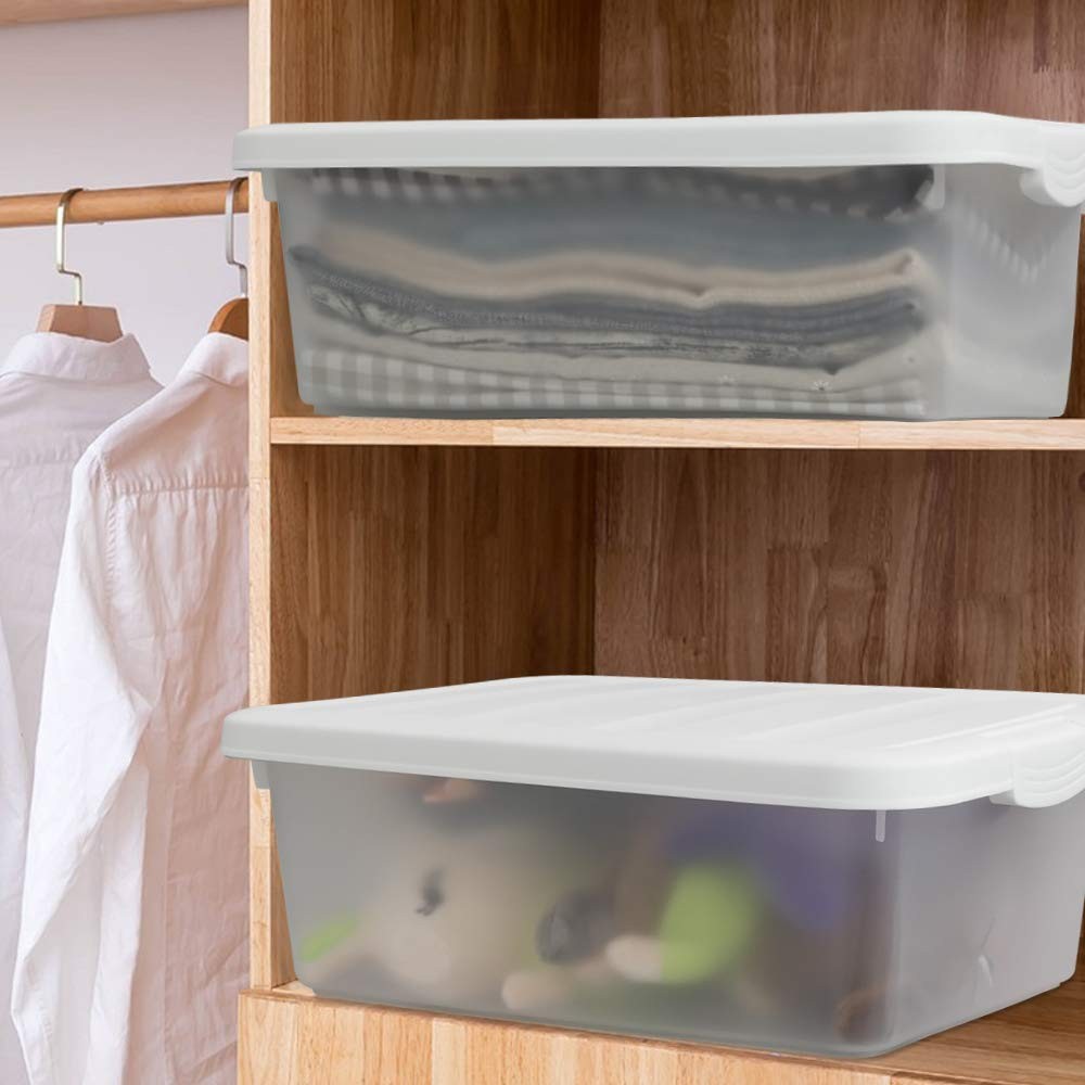 Ucake 14 Quart Clear Storage Box, Underbed Plastic Latch Box with White Lids, 2-