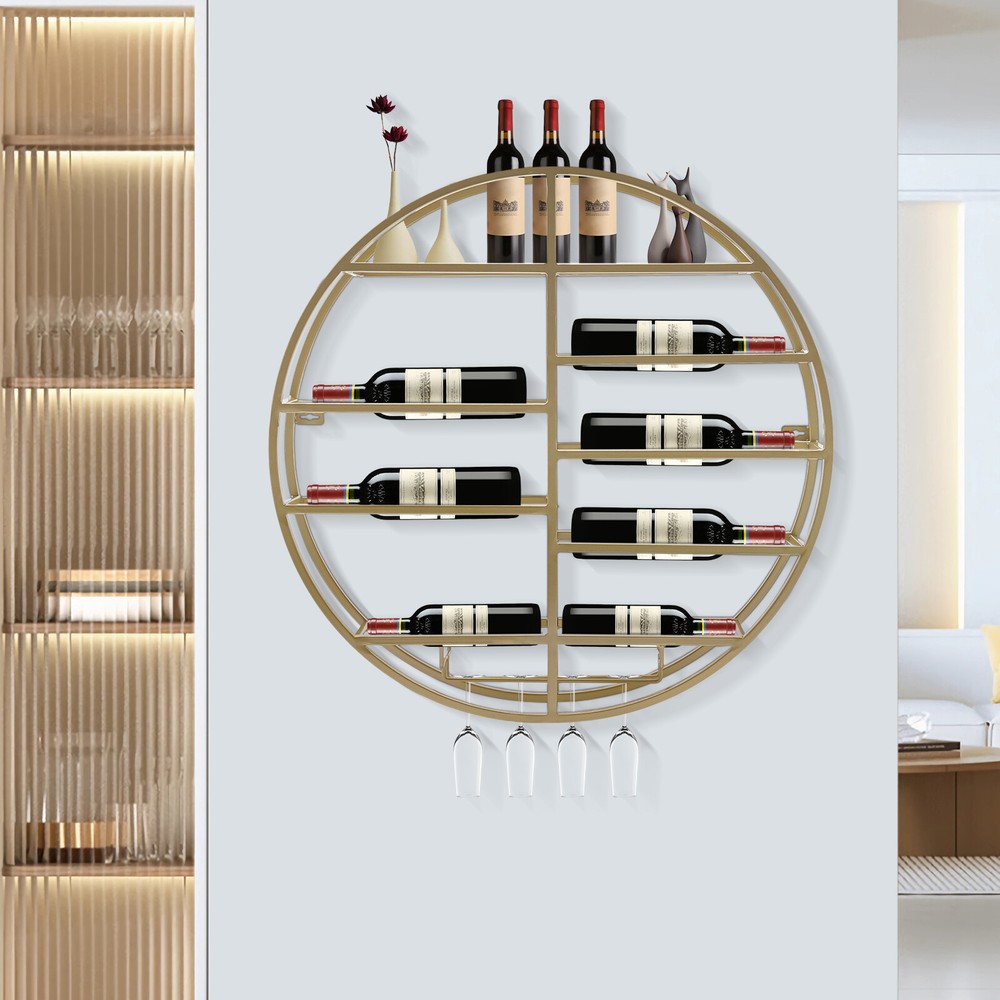 Round Wall-Mounted Wine Display Rack & Shelf Integrated with Glass Holder