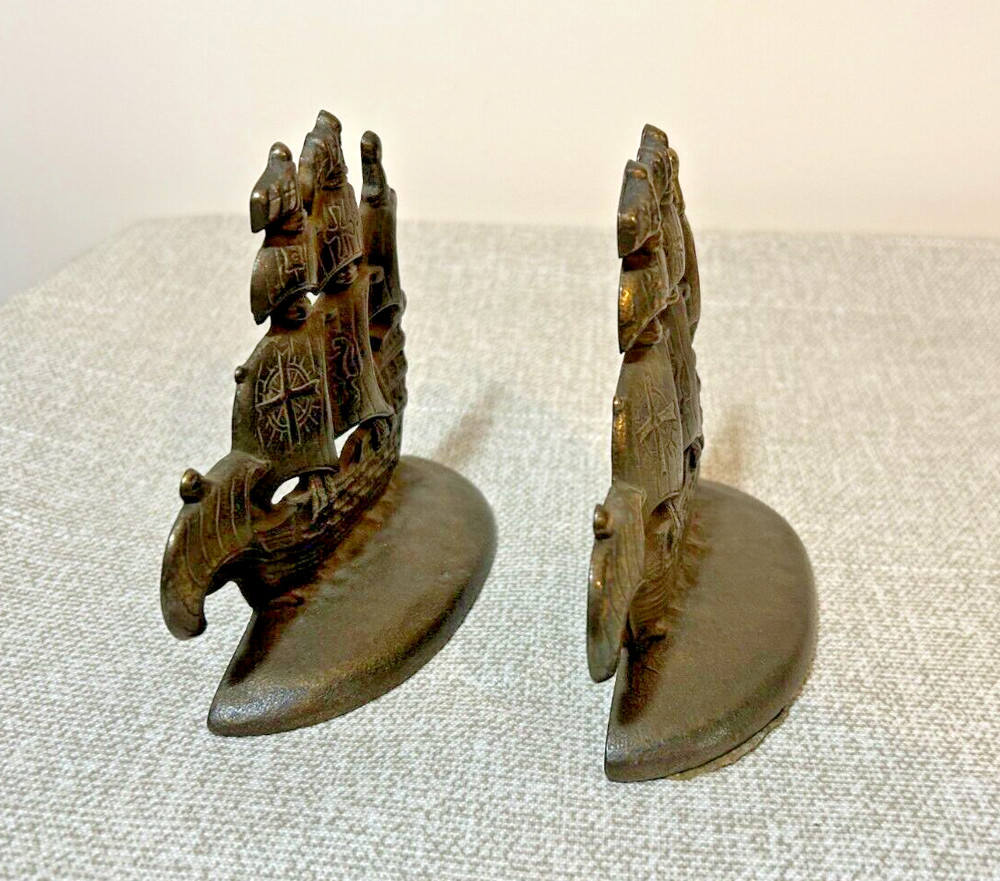 Vintage Solid Brass Pair of Ship Spanish Galleon Bookends