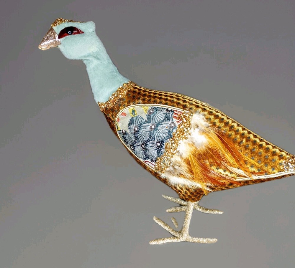 Designer Handcrafted Patchwork Pheasant With Jewels & Genuine Tail Feathers