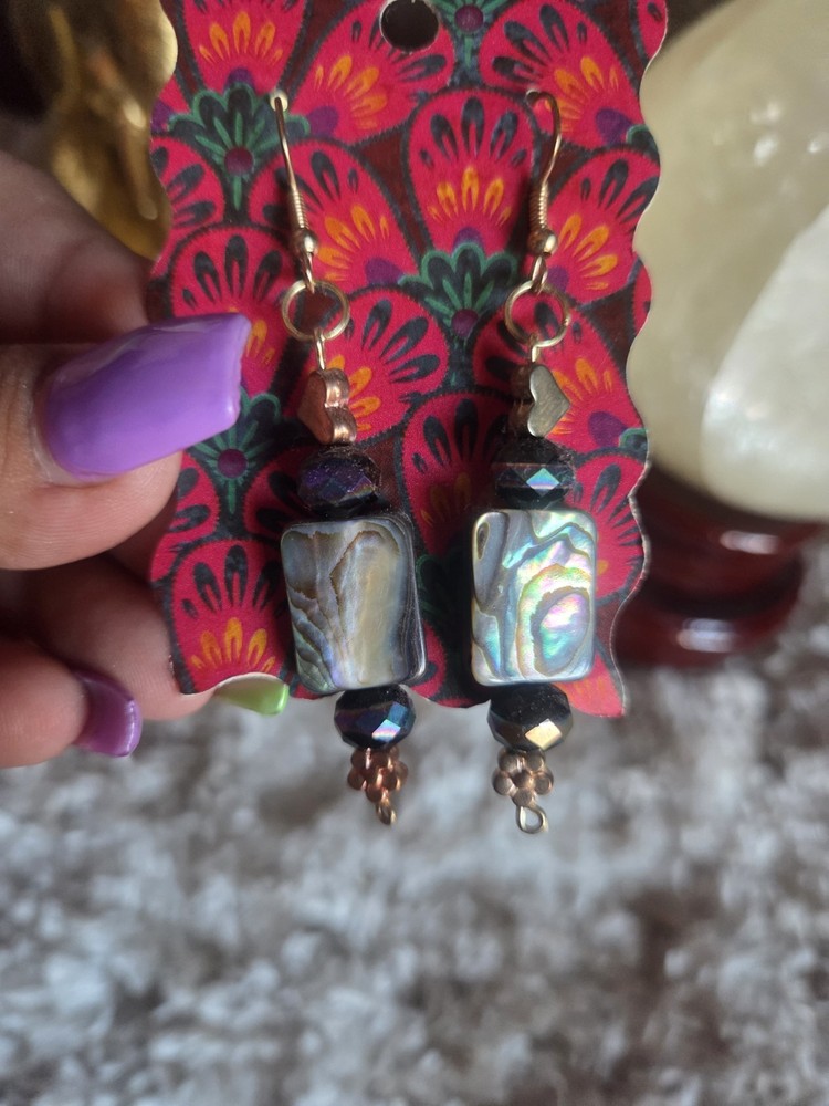 Handmade abalone a d hematite heart dangle earrings