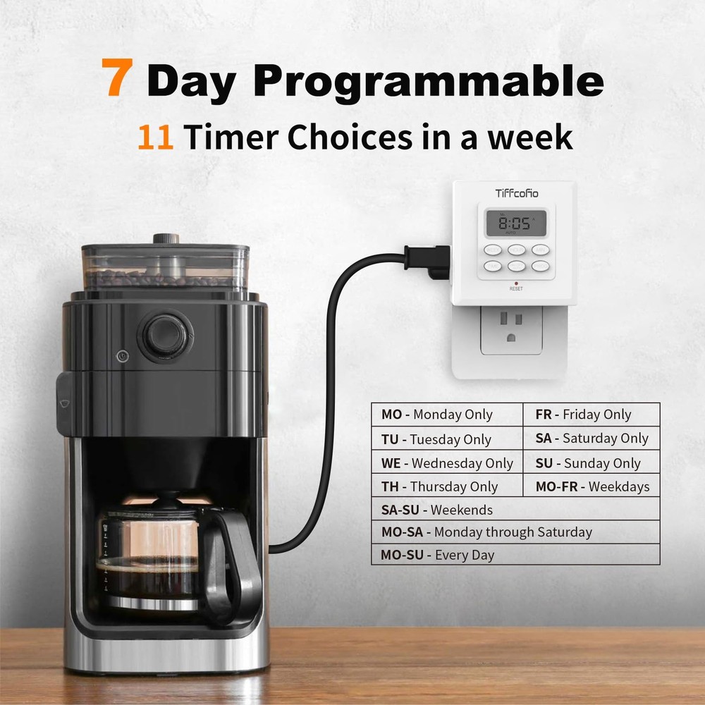 Tiffcofio Indoor Digital Light Timer, 7 Day Programmable Plug in Outlet White