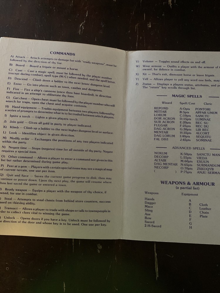 Ultima III Exodus Player Reference Card Only For Commodore 64