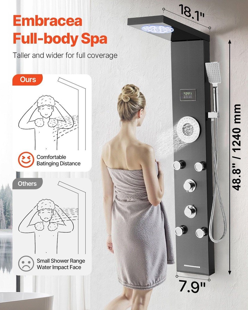 LED Temperature Display 53in 6-Function Shower Panel Tower Brushed SS Column