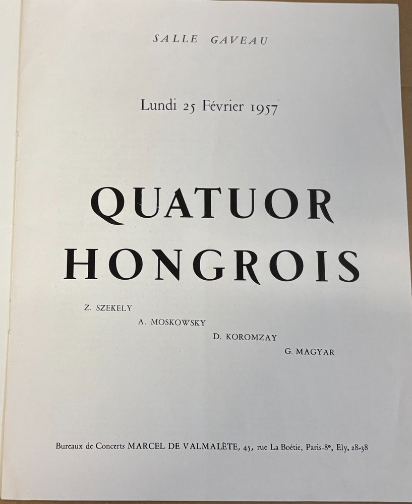 HUNGARIAN QUARTET BEETHOVEN Rasoumowsky quartets Salle Gaveau program 1957