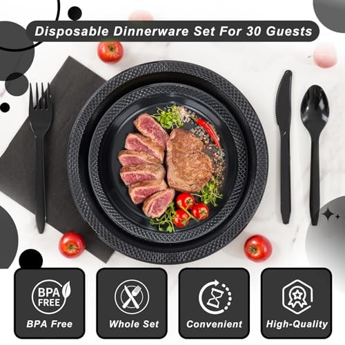 210 PCS Plastic Plates for 30 Guests - Disposable Dinnerware Set - Black