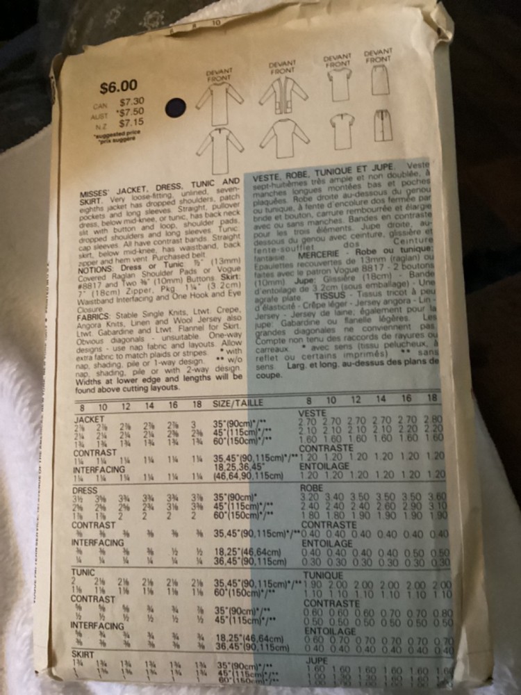 Vintage Vogue Pattern #8887… 1980s….has been cut