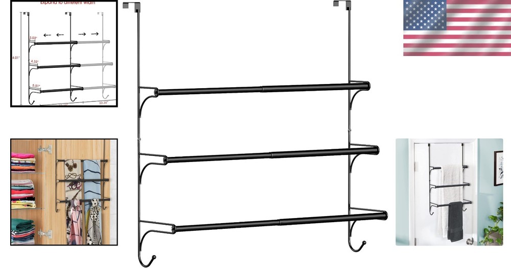 Versatile Black Adjustable Towel Rack with Hooks for Small Spaces - Easy Install