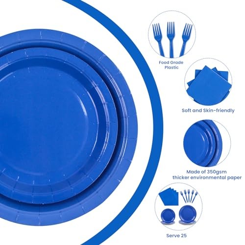 100PCS Paper Plates Disposable Party Tableware Set Includes 7in & 9in Blue