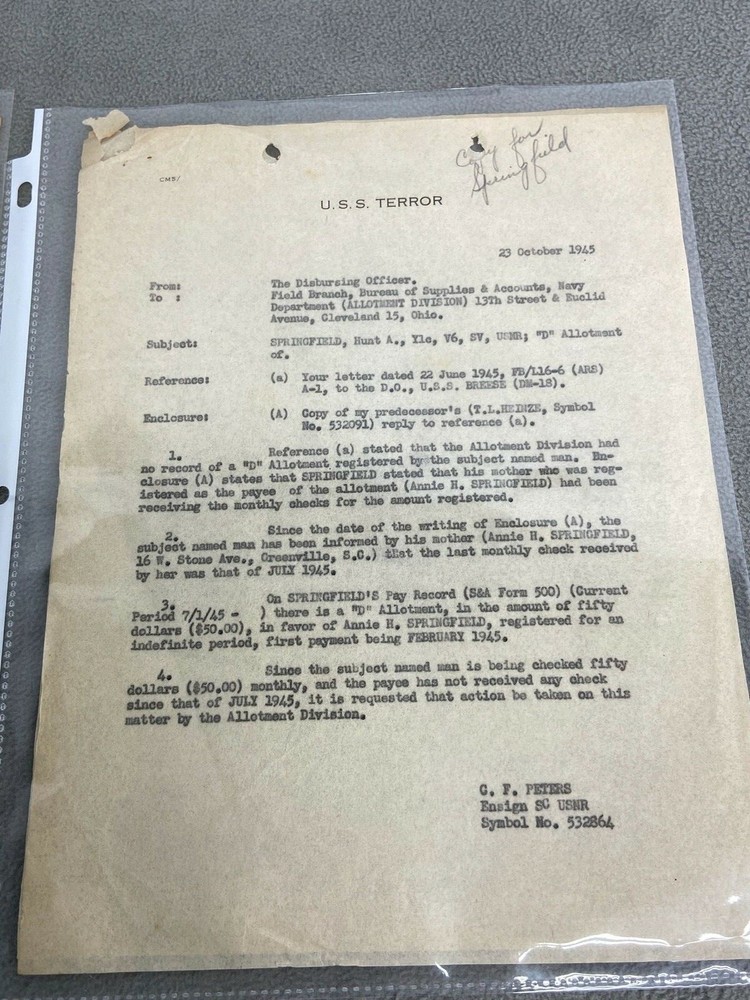 WWII US Navy & USS Terror CM-5 Documents