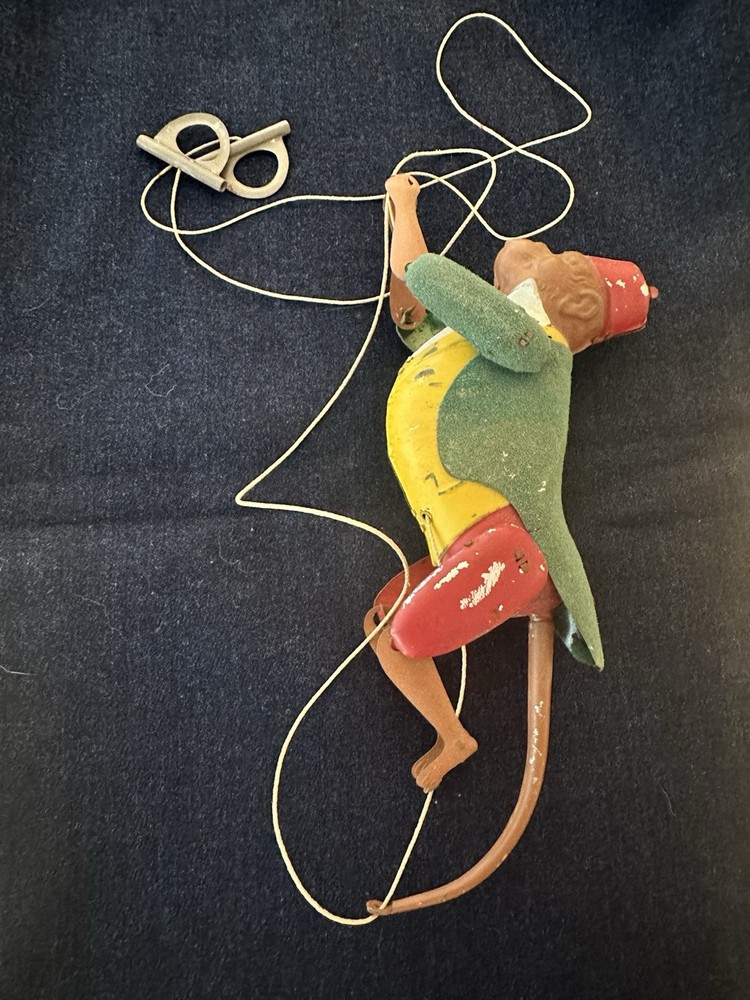 Black Memorabilia Vintage tin CLIMBING MONKEY toy, with pulling string, 8 inch