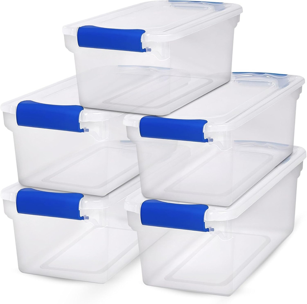 5-Pack Latching Lid, Clear Plastic Storage Organizer Bins, 7.5 Quart, Blue Latch