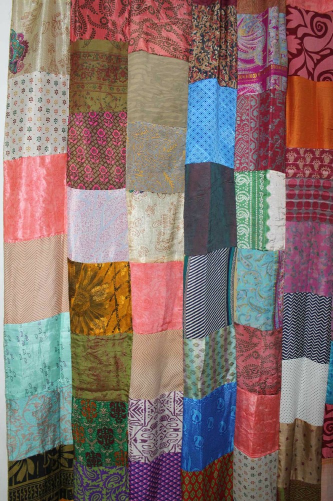 Handmade Patchwork Door Curtains Boho Decor Valances Panels Silk Sari Indian