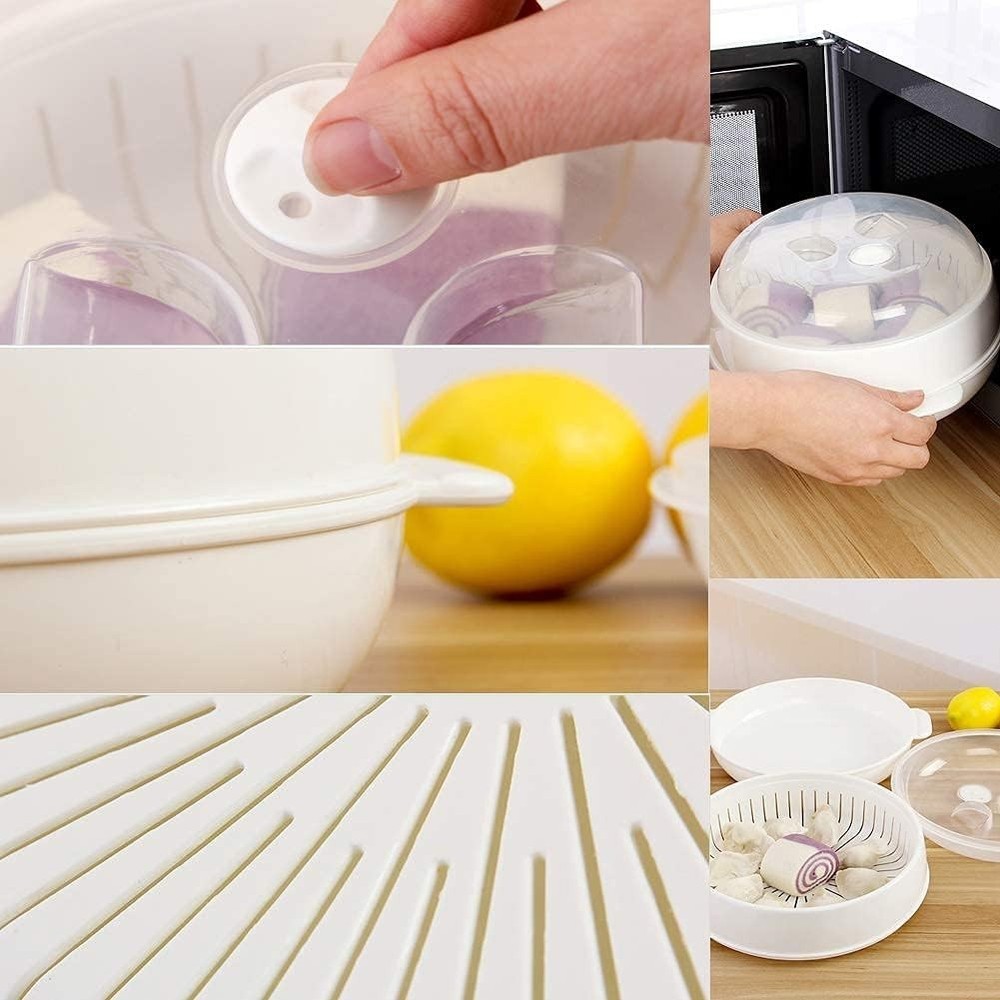 1-Tier Microwave Steamer Heating Steamer for Home Kitchen White Round