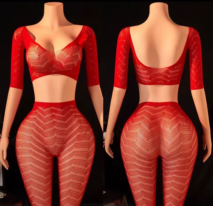 Red Fishnet Crop Top And Pants Set