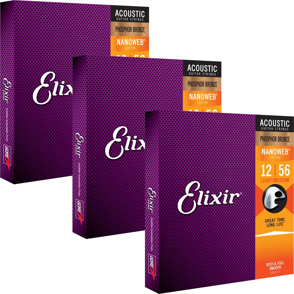 3 Sets Elixir 16077 Phosphor NANOWEB Light-Medium Acoustic Guitar Strings 12-56