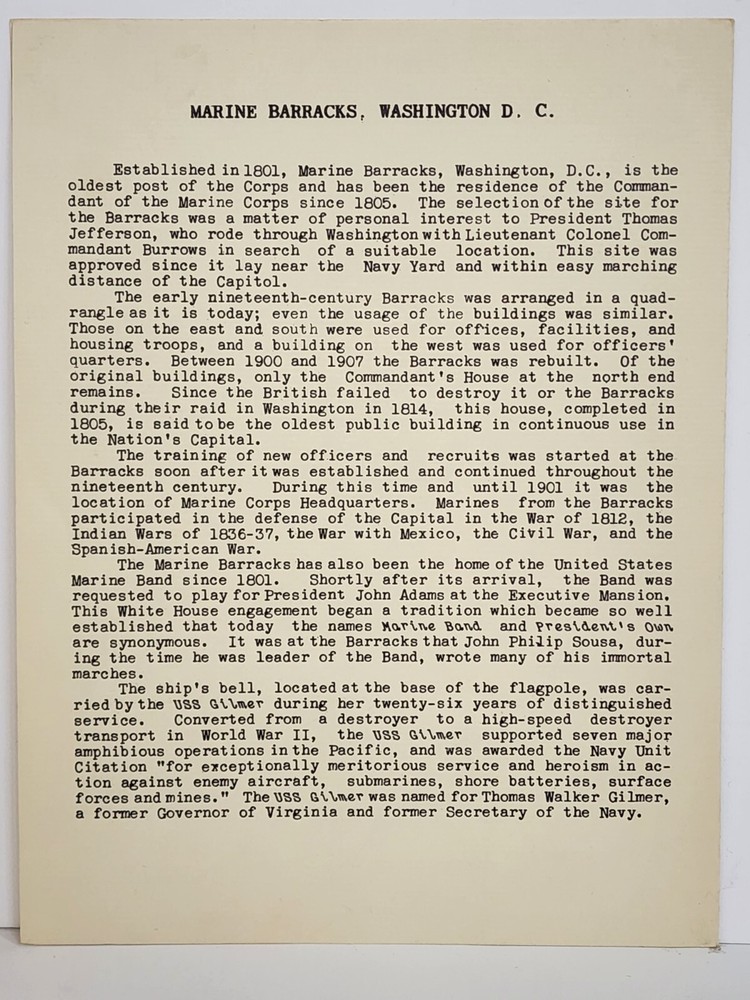 Marine Barracks Washington DC, 7 August 1964 Evening Parade Program
