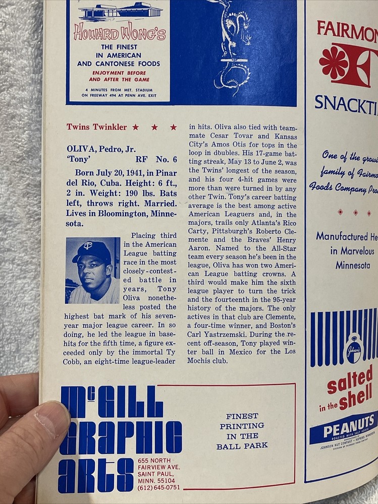 VINTAGE Minnesota Twins 1971 Program vs. Chicago White Sox Program, Tony Oliva!