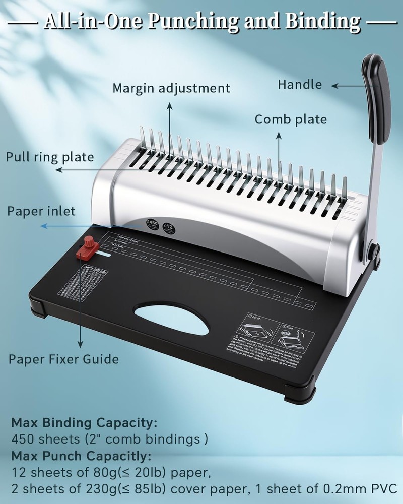 Multi-Size Comb Binding Machine - Binds 450 Sheets with 100 Colored PVC Spines