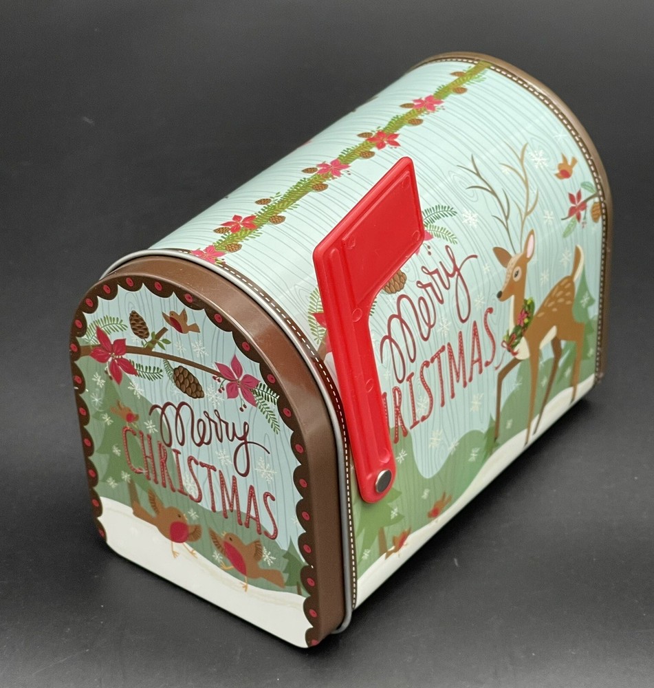 Mailbox Shaped Holiday Tin Box Container Can Empty Merry Xmas Reindeer 5"