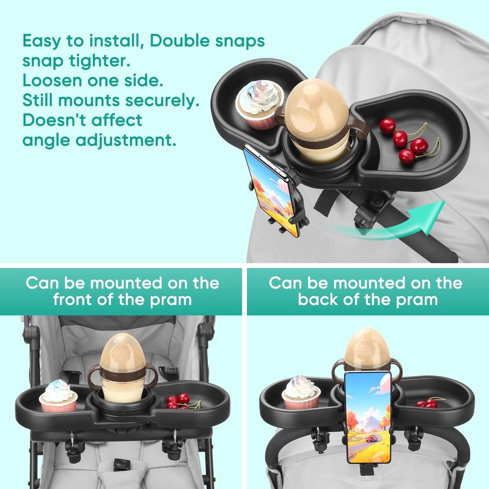 Multi Function Stroller Snack Tray 4 in 1 Cup & Phone Holder Double Tray
