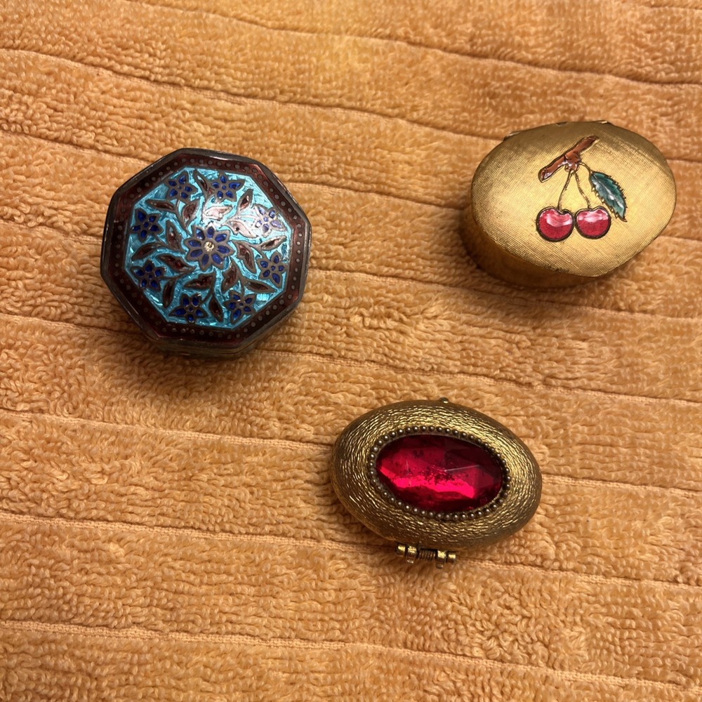 Trinket/pill Boxes (3) Cherries Red Ruby Heaven Scent Perfume Octagonal Sterling
