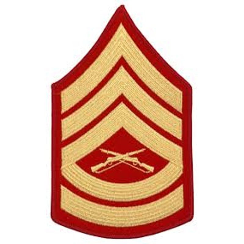 USMC Gunnery Sergeant E‑7 Patch Red/Gold, 5‑3/4" × 3‑5/8"