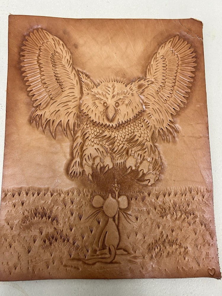 Hand Tooled Leather Panel Vintage Owl Mouse 8x10