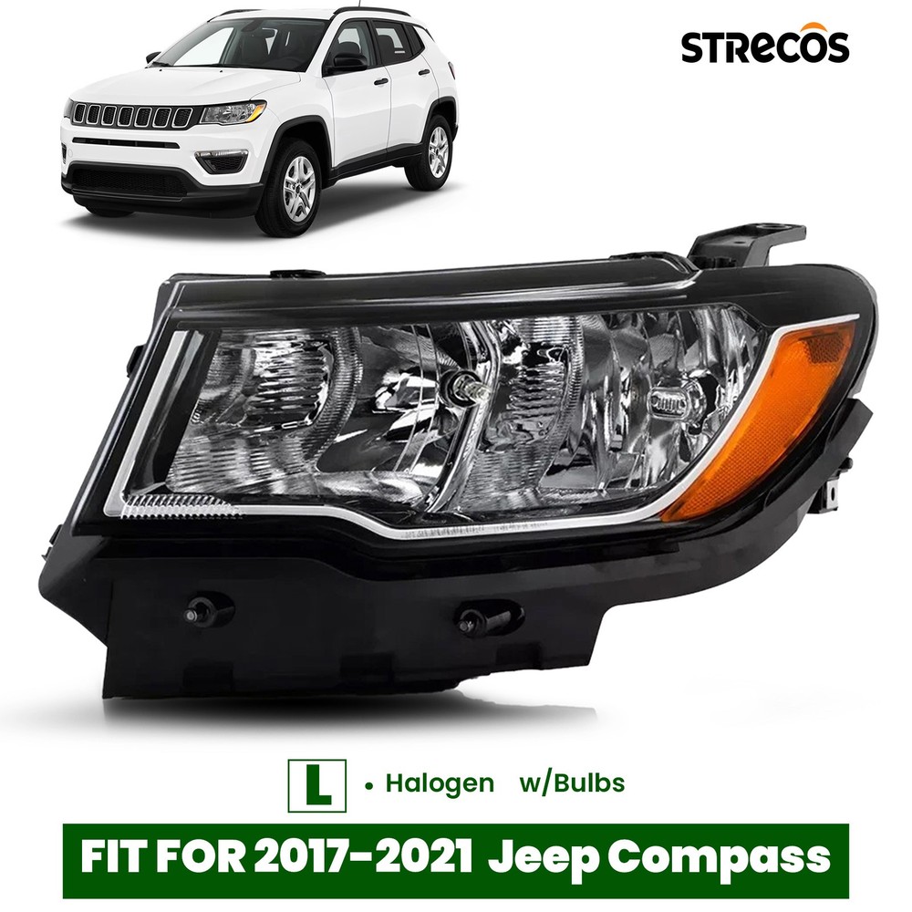 Halogen Headlight For 2017-2021 Jeep Compass Driver Left Side Chrome with Bulb