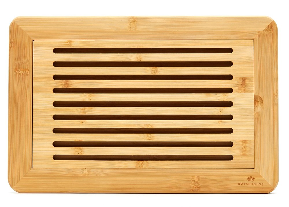 Large Premium Natural Bamboo Bread Cutting Board with Crumb Tray, Bread Servi...