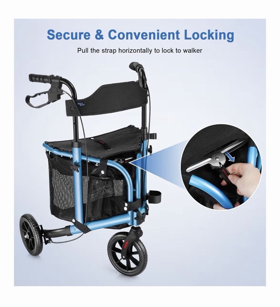WALK MATE 3 Wheels Rollator Walker 10Lb SeatBackrest Lightweight Foldable Blue