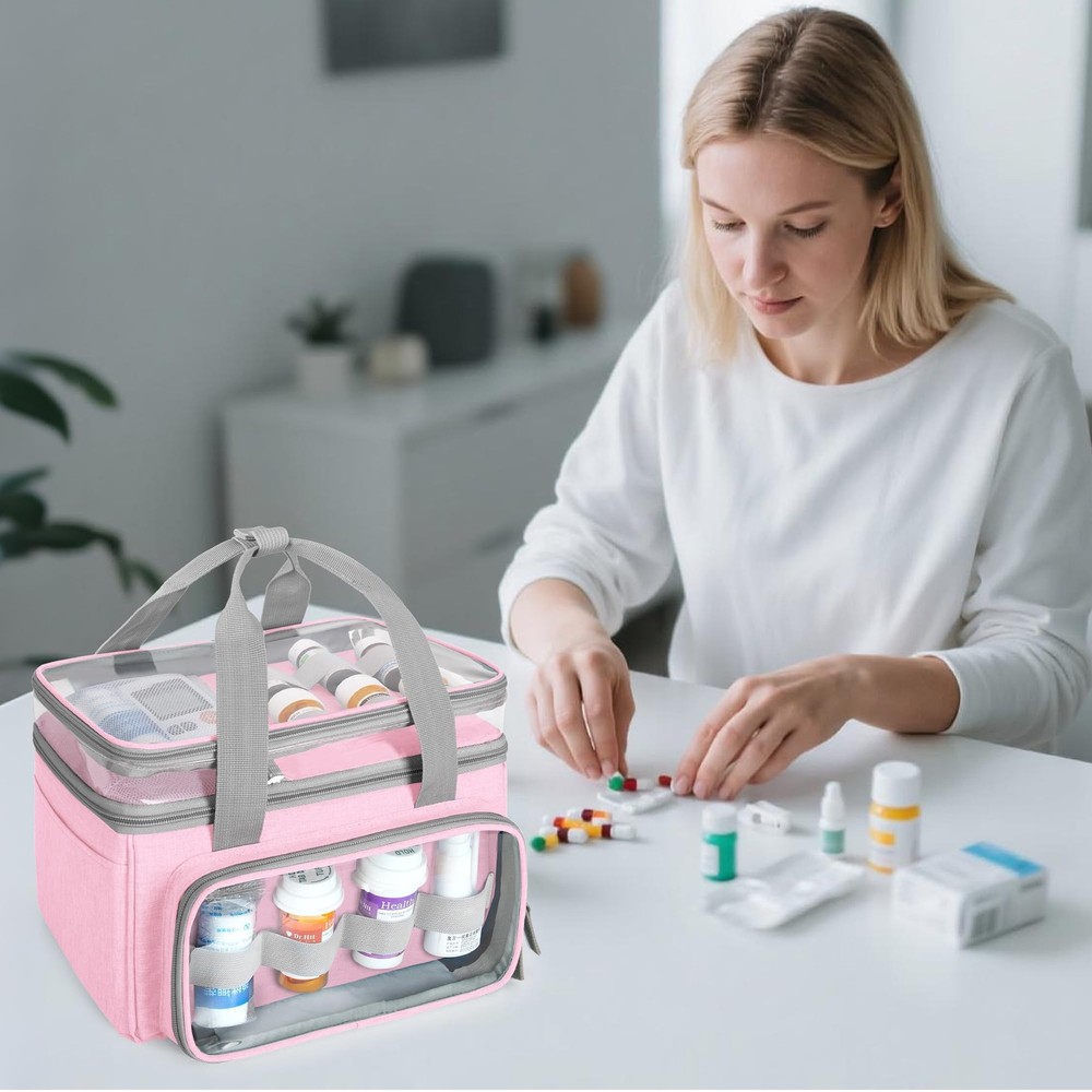 Double-Layer Medicine Bag with Transparent Compartment, Pill Bottle Organizer