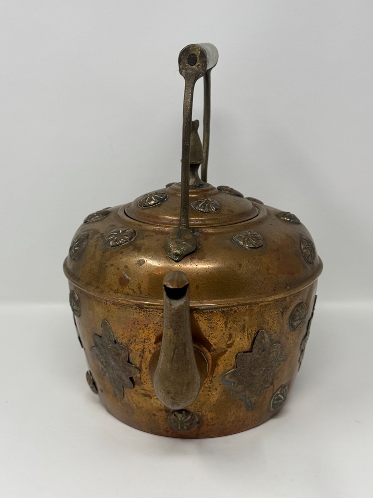 Copper Teapot Kettle with Floral Decorations Rustic Distressed Middle Eastern