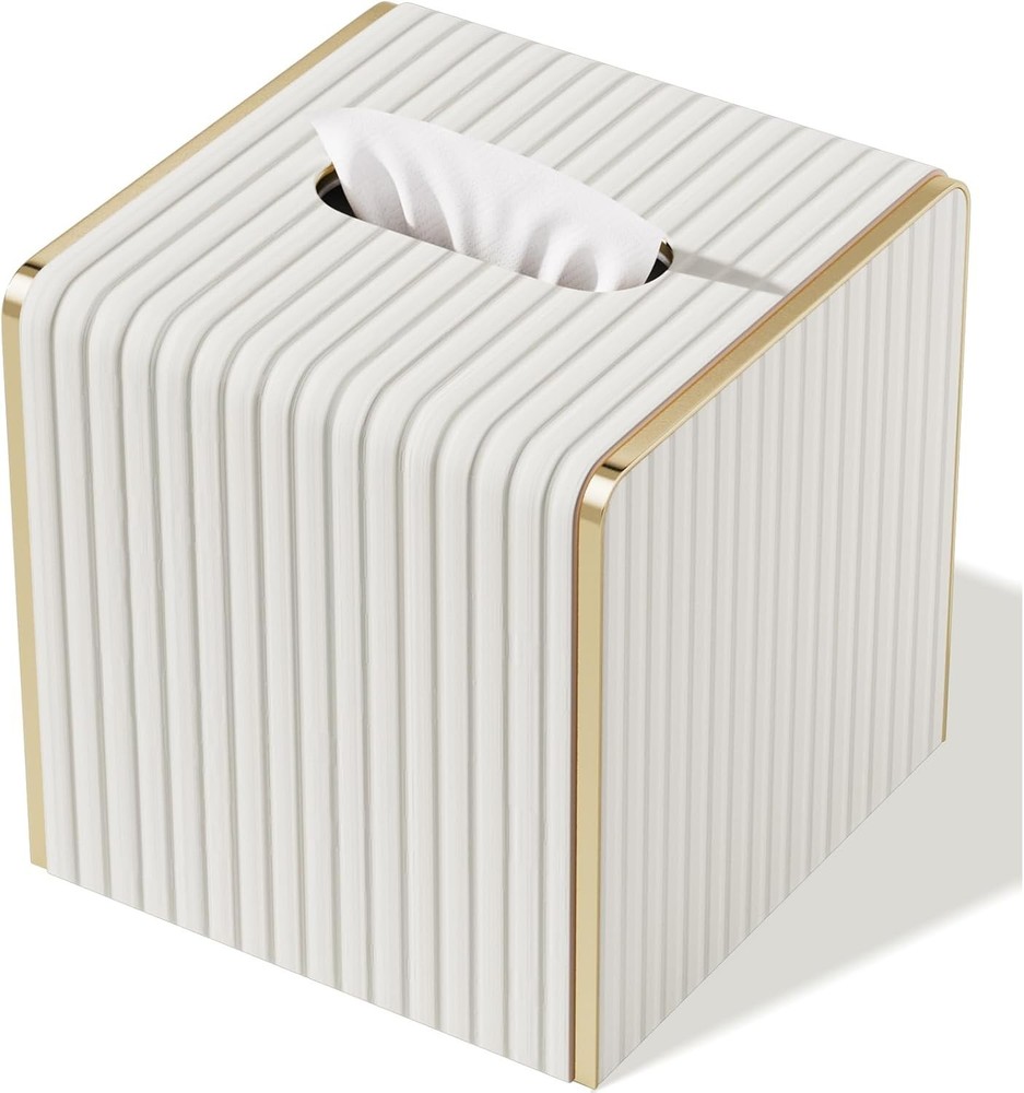Leather Tissue Box Cover Square Modern Decor with Gold Edging