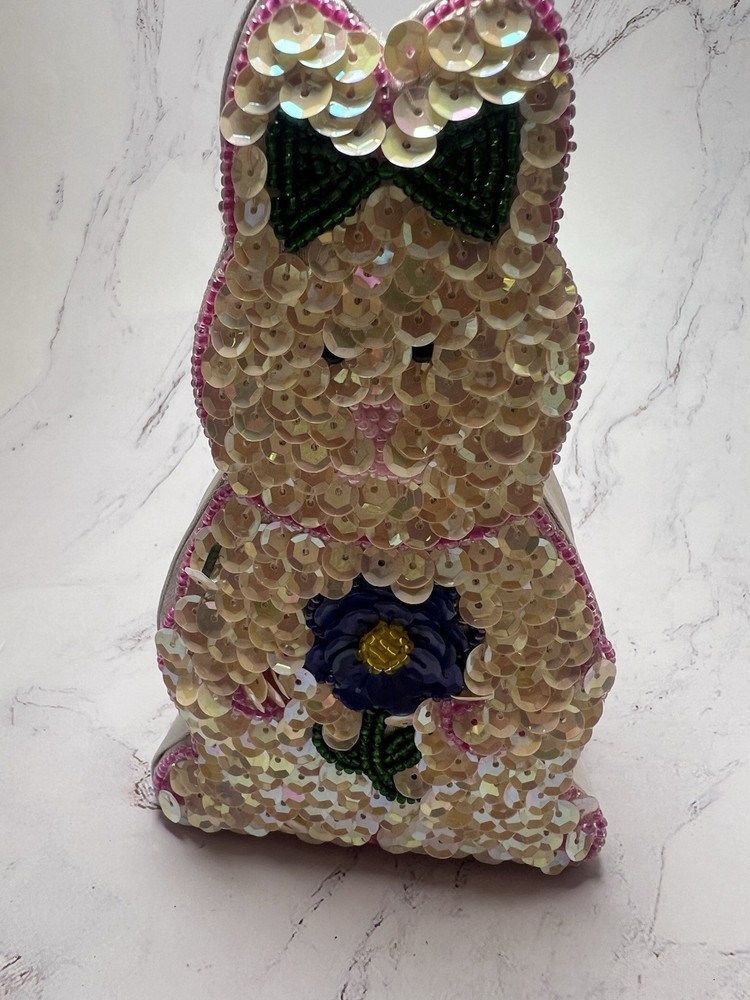 Vintage Easter Bunny Beaded Sequined Trinket Box Gift Holder Spring Decoration