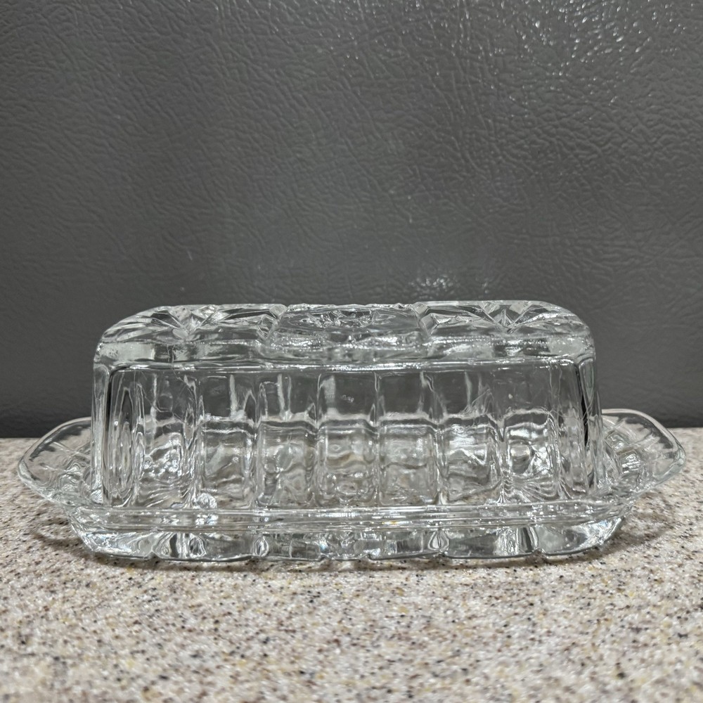 Vtg Anchor Hocking EAP Butter Dish Pressed Cut Clear Glass Star Pattern EUC