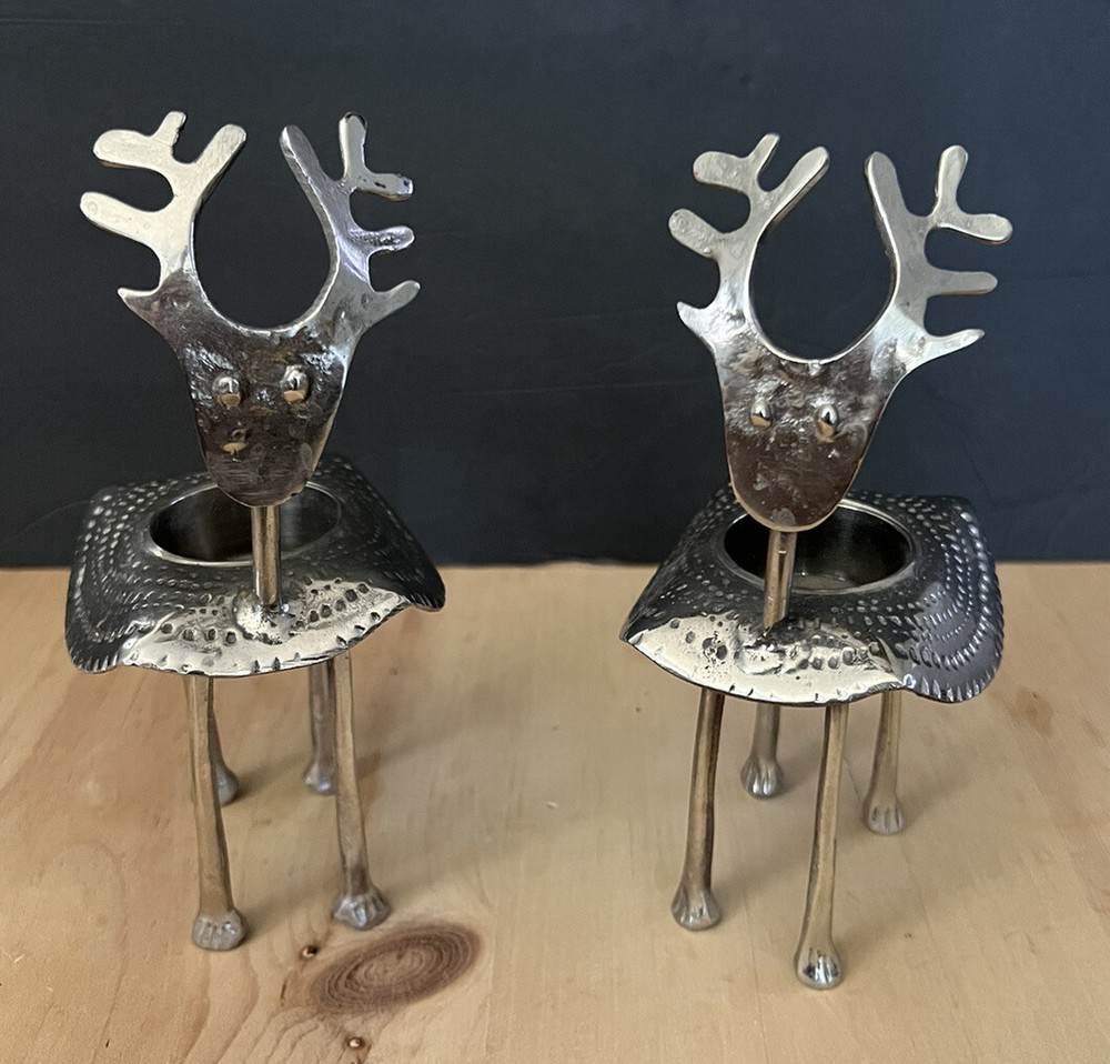 2 Handmade Reindeer Metal Candle Holders Christmas