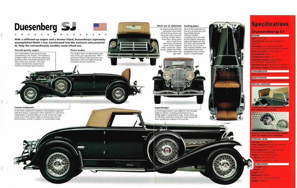 DUESENBERG SJ SPEC SHEET / Brochure / Catalog / Prospek: 1932,
