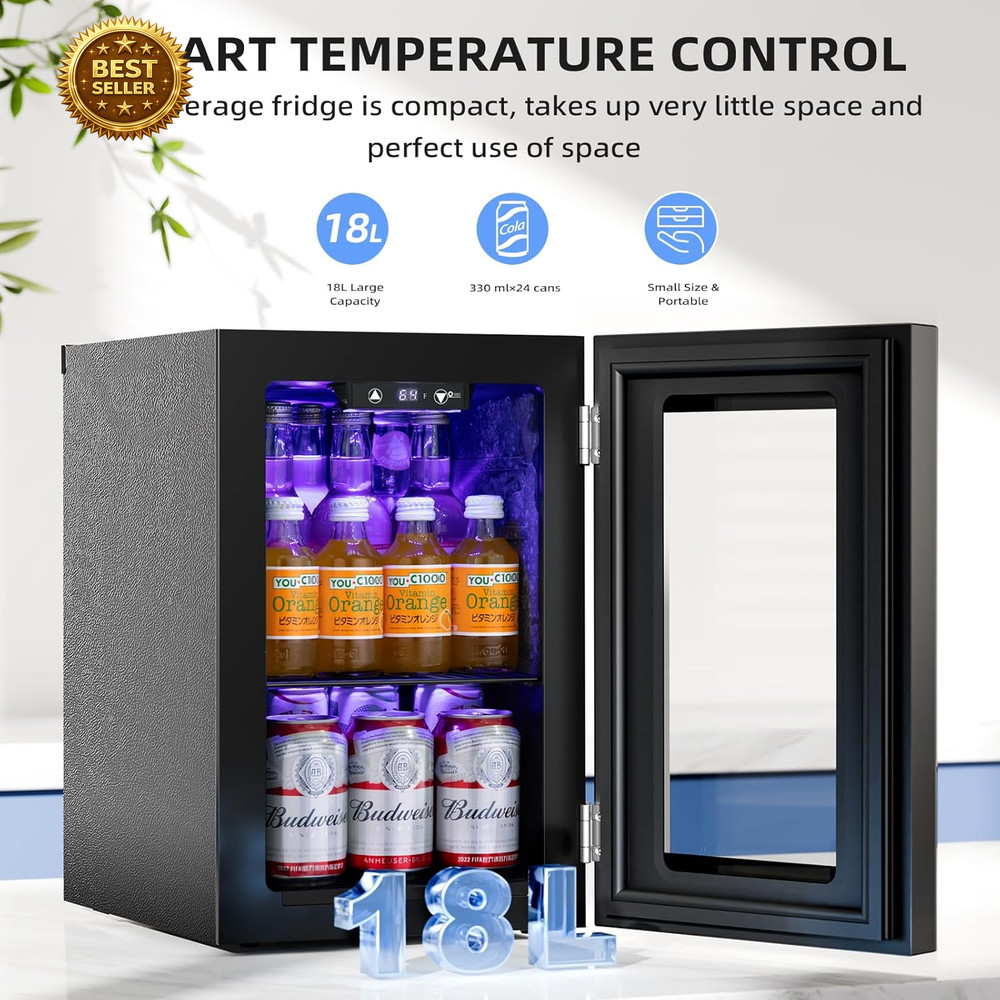 18L Beverage Refrigerator Cooler – 24 Can Mini Fridge with Compressor Cooling