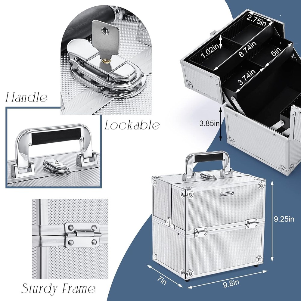 Portable Makeup Train Case with Lockable Storage - 4-Tier Trays - Bright Silver
