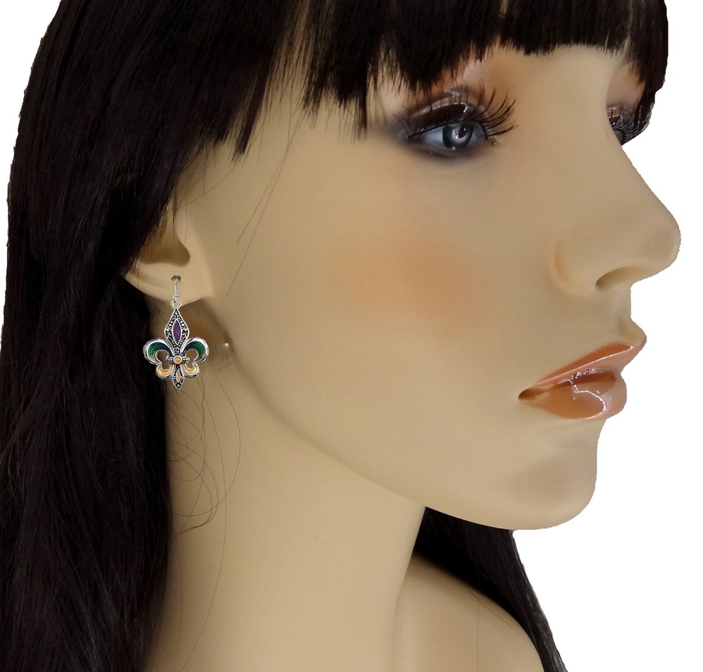 Mardi Gras Fleur De Lis Earrings Dangle Silver Tone with Gift Box