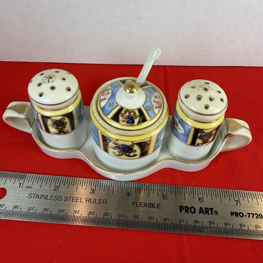 Noritake Lusterware Hand Painted Condiment Set Salt Pepper Jar Spoon Plate 6 Pc