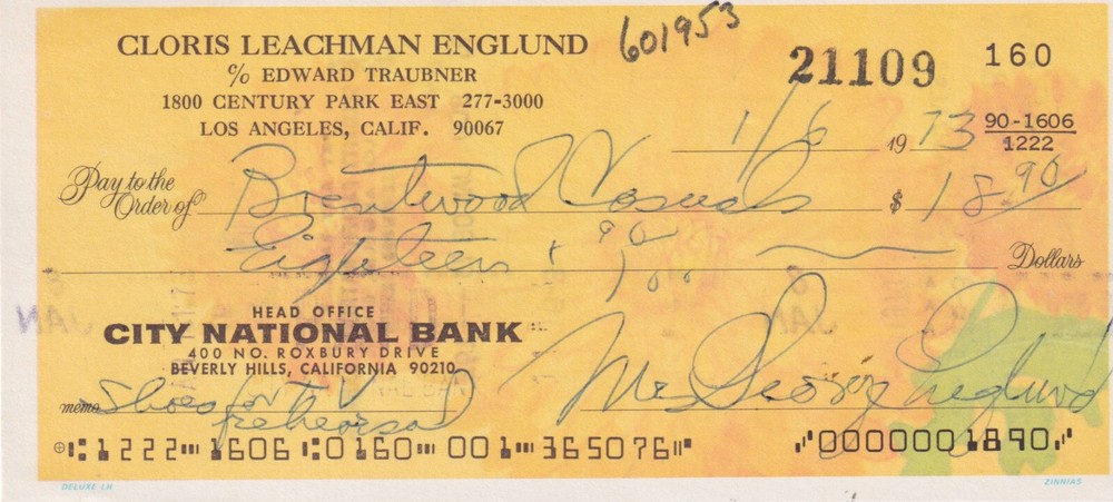 Cloris Leachman signed bank check