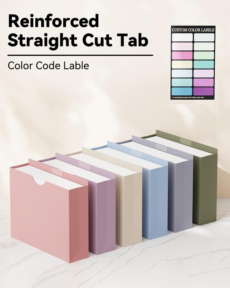 Plastic Manila File Folders Letter Size,12 Pack Expanding File Jackets & File...